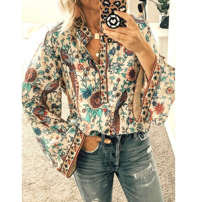 

Vintage Women Printed Ethnic Style Long Sleeve Blouse Ladies Boho V Neck Tops
