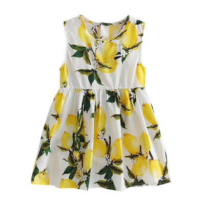 

Cute Summer Lemon Print Vest Dress Sleeveless Fashion Casual Girls Clothing