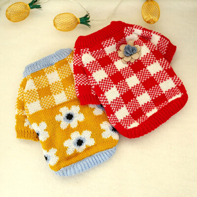 

Red And Yellow Plaid Dog Plaids Sweater Autumn Winter For Puppy Warm Clothes Red And White Plaid Sweater With Flower For Pets