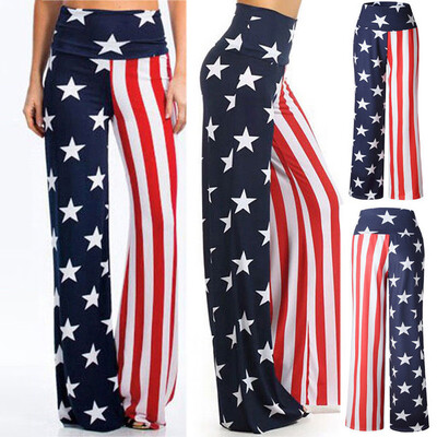 

Fashion Womens High Rise American Flag Wide Leg Pants Leggings Loose Trousers