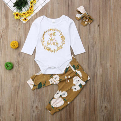 

Newborn Infant Kid Baby Girl Floral Clothes Romper Top Pants Headband Outfit Set