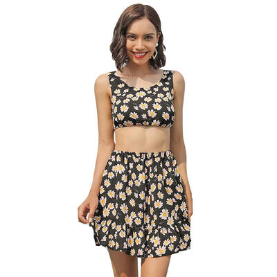 

2pcs Women Floral Print O-neck Sleeveless Crop TopsHigh Waist A-line Skirt