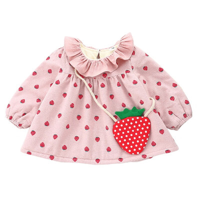 

Autumn&Winter Girls Flowers Printed Dress Vestidos with Strawberry Bag Long Sleeved Cashmere Thicken Dress