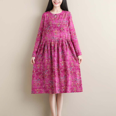 

Tailored Womens Casual Vintage Print Long Sleeve Ladies O-Neck Casual Knee-Length Dress