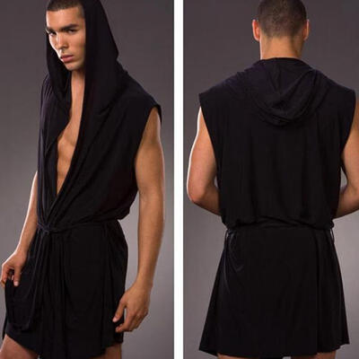 

Summer Mens Sexy Hooded Robe Sleeveless Ice Silk Pajamas Plus Size Men Lounge Kimono Sleepwear Sexy Smooth Bathrobe