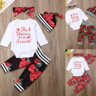 

4Pcs Newborn Infant Baby Girl Tops Romper Floral Pants Outfits Set Clothes 0-24M