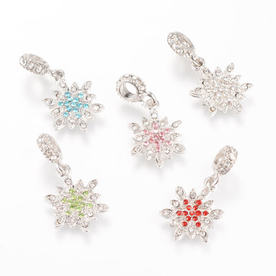 

Alloy European Dangle Beads with Rhinestones Snowflake Large Hole Pendants Platinum Mixed Color 33mm Hole 45mm