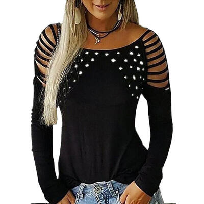 

Women Autumn Hollow Out Tops Long Sleeve Solid Color O-neck Diamond T-shirt