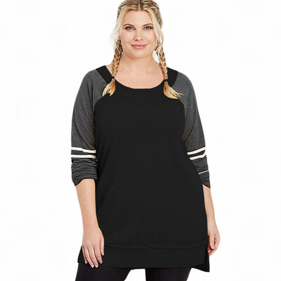 

Large size contrast color bottoming shirt womens round neck long sleeve loose top