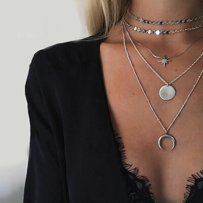 

Women Necklaces Round Anise Star Geometry Moon Pendant Clavicle Chain Multilayer Gold Long Necklace Set Fashion Wedding Jewelry
