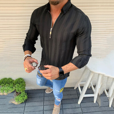 

Toponeto Men Striped Long Sleeve Zipper Shirts Male Casual Business Fit Blouse Slim Top