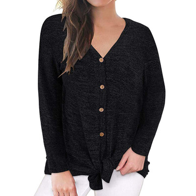 

Nomeni Womens V-Neck Long Sleeves Button Down Tie Front Knot Casual Loose T-Shirt Tops