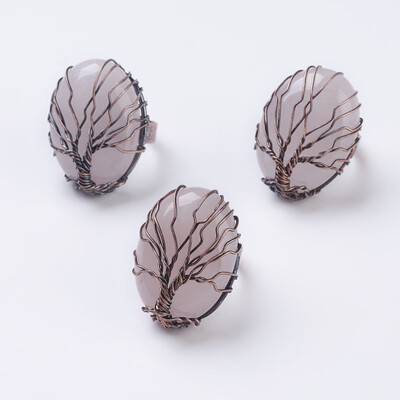 

Natural Rose Quartz Adjustable Finger Ring Wide Band Rings Oval Red Copper Size 9 19mm