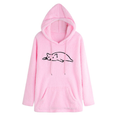 

Toponeto Women Causal Embroidery Cat Pockets Casual Hoodies Blouse Solid Coat Outwear