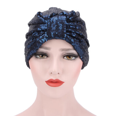 

6 Colors Muslim Women Sequin Shiny Head Scarf Cotton Pleated Turban Hat Cancer Chemo Head Wrap