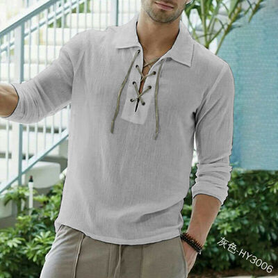 

Mens Cotton Linen Pullover Tops Tee Long Sleeve V Neck Casual Loose T Shirt