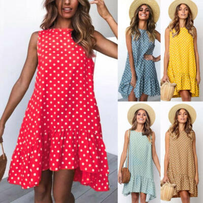 

Boho Women Summer Holiday Polka Dot Mini Dress Sleeveless Short Dress Size 6-16