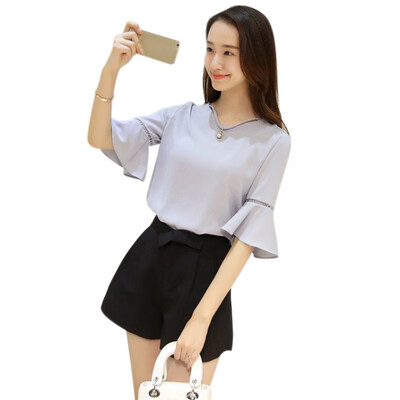 

Women Blouses Shirt Hollow Out Pearl Blouse Tops For Shirt Casual Flare Sleeve Work Blusas White Pink