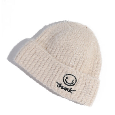 

Red Hat Lady Smiley Embroidered Wool Hat Student Cute Mink Wool Knit Hat Japanese FallWinter Turtleneck Hat