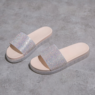 

Net red slippers women wear 2019 summer new rhinestones drag jelly bottom platform shoes increased ins super fire
