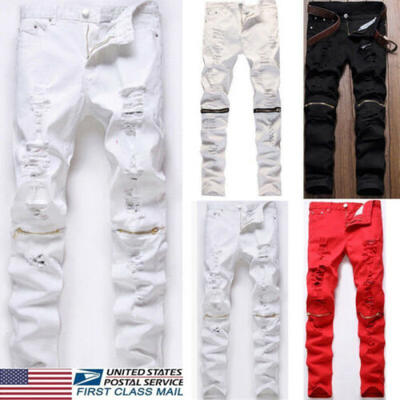 

Mens Stretchy Ripped Skinny Jeans Destroyed Taped Slim Fit Denim Pants Retro US