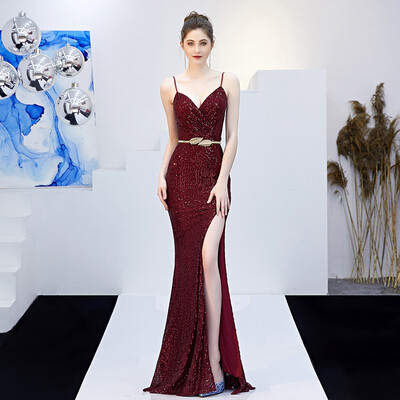 

Sexy Sling Women Mermaid Evening Dress Fashion Sleeveless Sequin Party Prom Dress Long Slim Host Dress