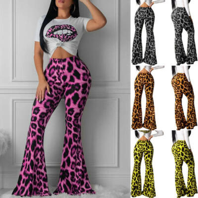 

Womens High Waist Flared Wide Leg Work Yoga Leopard Bell-bottom Trousers Pants