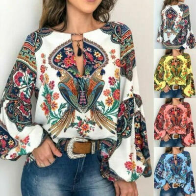 

Women BOHO Floral Blouse Top Long Sleeve Loose Summer Spring V Neck T-Shirt CA