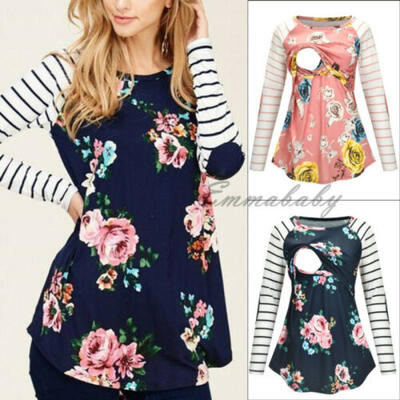 

Women Maternity Breastfeeding Tops Long Sleeve Nursing T-shirt Floral Blouse