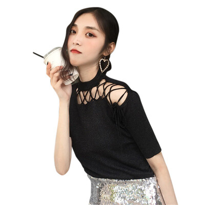 

Summer T Shirt Women Irregular Collar Hollow Knitted Short Sleeves Tee Shirt High Elasticity Breathable Top Female Tshirt