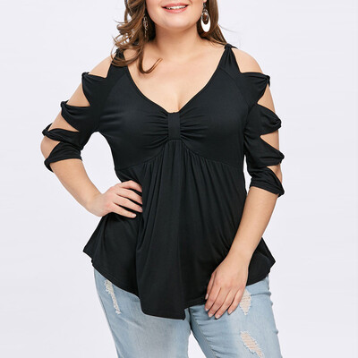 

Roseonmyhand Fashion Womens Plus Size Bowknot Cut Hollow Out Empire Waist V-Neck T-shirt Tops