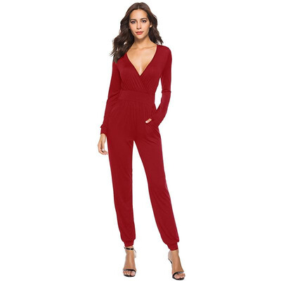 

Women Jumpsuit Pure Color Plung V Neck Long Sleeve High Waist Side Pocket Sexy Street Wear