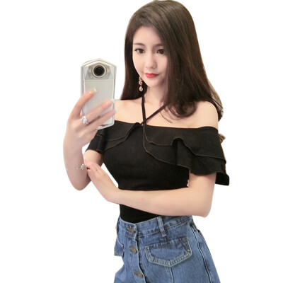 

Sexy Slash Neck Simple Strap T-shirt Women Summer T shirt Wide Straps Short Sleeve Ruffles Tops