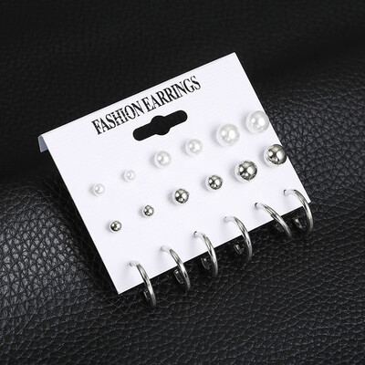 

2019 New Fashion 12 pair set Women Square Crystal Heart Stud Earrings for Women Piercing Simulated Pearl Flower Earrings