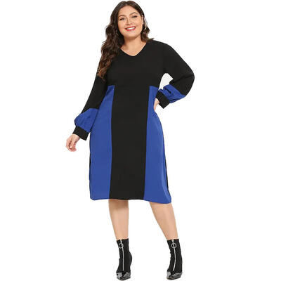 

Plus Size Long Sleeve Chiffon Dress Splicing Color Women Straight Dresses