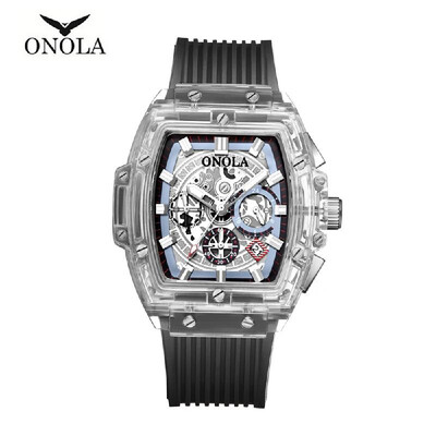 

ONOLA ON6011 Men Quartz Watch Transpaernt Hollow Dial Silica Gel Band Fashion Multifunction Wristwatch 3ATM Luminous Display Chron
