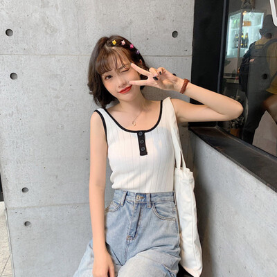 

Women Summer Sexy Round Neck Sleeveless Slim Button Solid Color Camisole T-Shirt