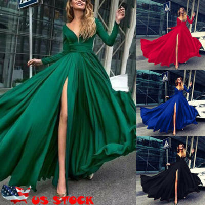 

US Women Summer V Neck Long Sleeve Maxi Dress Split Evening Party Beach Dress