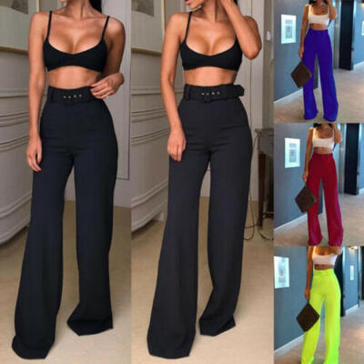 

Women Ladies Palazzo Plain Flared Wide Leg High Wide Belt Pants legging Trousers