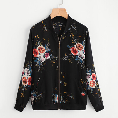 

Hot Fashion Womens Print Floral Zipper Bomber Jacket Ladies Casual Coat Outwear