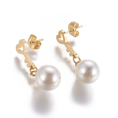 

304 Stainless Steel Dangle Stud Earrings with Plastic Imitation Pearl Heart Key Golden 285mm Pin 08mm