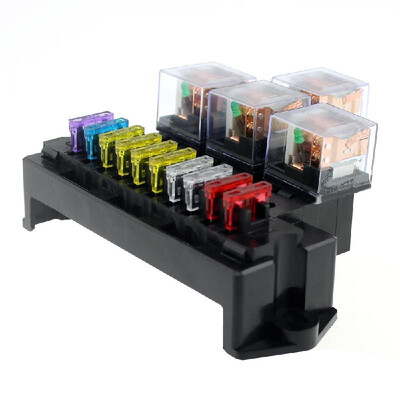 

10 Way Fuse Box 5-Pin Socket Base Relay Fuse Holder Block with 13Pcs Standard Blade Fuses Universal for Auto Interior Parts