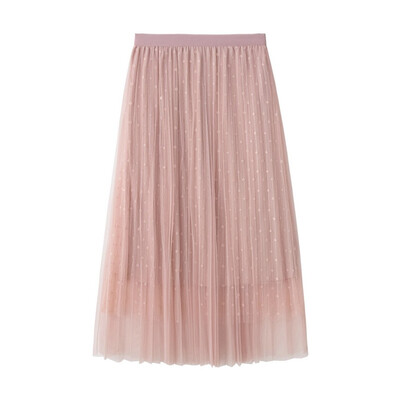 

Roseonmyhand NEW Women Double Layer Pleated Retro Long Dress Elastic Waist Skirt