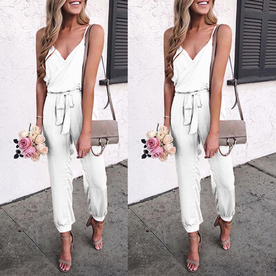 

Starmoon Fashion Women Solid V-Neck Strapless Bandage Ruffled Sleeveless Long Jumpsuits