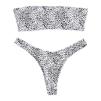 

Bandeau Bikini Sexy Leopard Lace-up Strapless Wire Free High Cut Two Piece Swimsuit