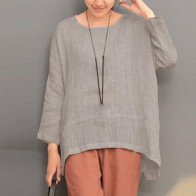 

2019 Fashion Womens Retro Casual Tops Round Neck Loose Long Sleeve Shirt Blouse