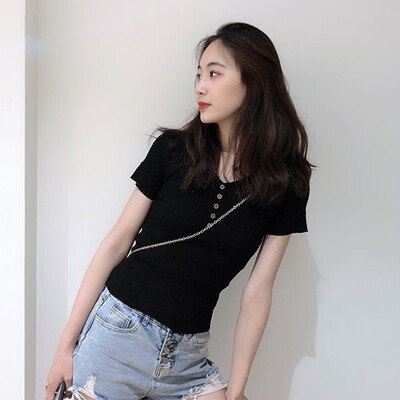 

Camisetas Verano Mujer t shirt Ice silk tshirt sweater wild V-neck short-sleeved T-shirt black code