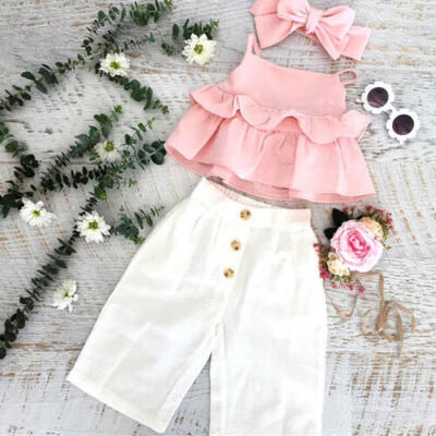 

US 3PCS Toddler Kids Baby Girl Ruffle Sling Tops Pants Leggings Outfits Sunsuit