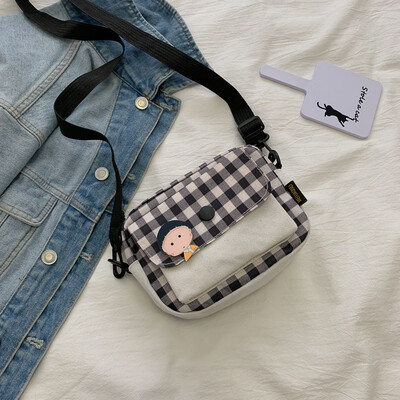 

Cartoon cute shoulder bag 2019 new style plaid canvas bag wild fairy small net red crossbody bag