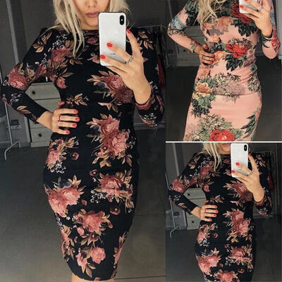 

Women Long Sleeve Slim Floral Dress Bandage Bodycon Party Cocktail Short Mini Dress New